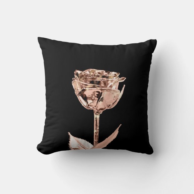 Rose Flower Copper Gold Black Lux Metallic White Cushion (Front)