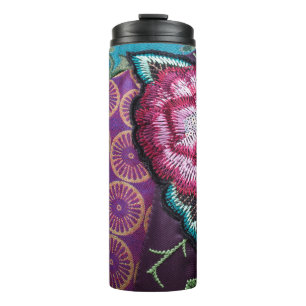 Rose flower embroidered look colourful boho thermal tumbler