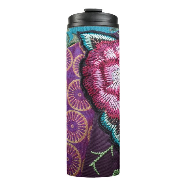 Rose flower embroidered look colourful boho thermal tumbler (Front)