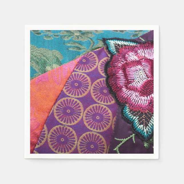Rose flower embroidered look purple napkin (Front)