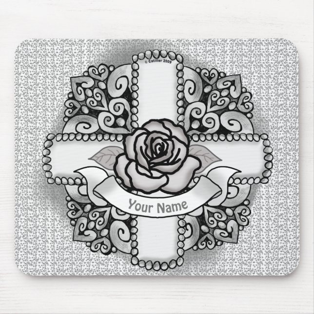 Rose flower Filigree Christian Cross Mouse Mat (Front)