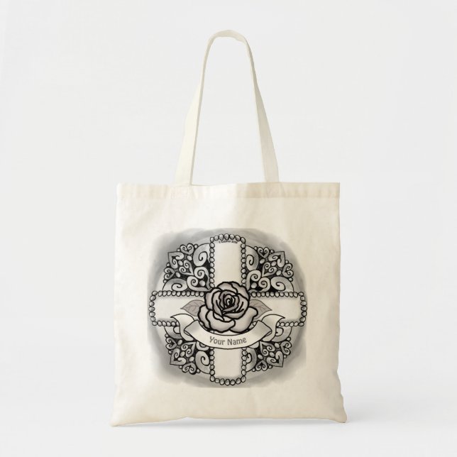 Rose flower Filigree Christian Cross Tote Bag (Front)