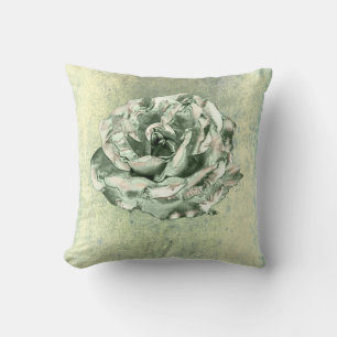 Rose Flower Mint Green Metallic Grungy Cottage Cushion