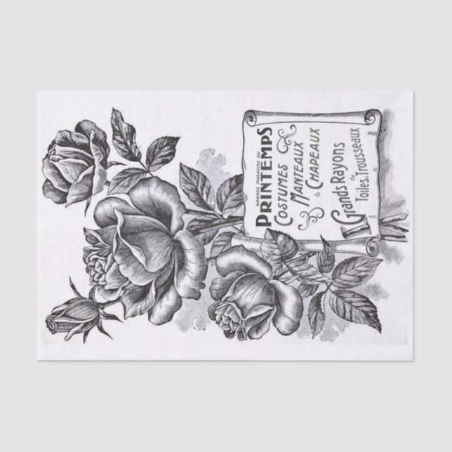 Rose Flower Scroll Banner French Text Decoupage  Tissue Paper (Front)