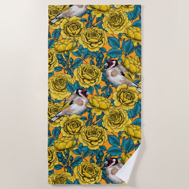 Rose flowers and goldfinch birds beach towel (Front)
