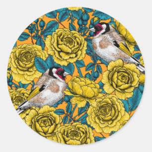 Rose flowers and goldfinch birds classic round sticker