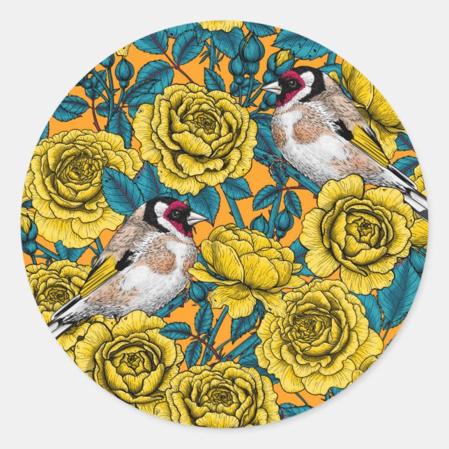 Rose flowers and goldfinch birds classic round sticker (Front)