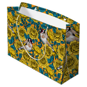 Rose flowers and goldfinch birds large gift bag