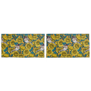 Rose flowers and goldfinch birds pillowcase