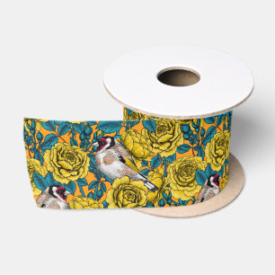 Rose flowers and goldfinch birds satin ribbon