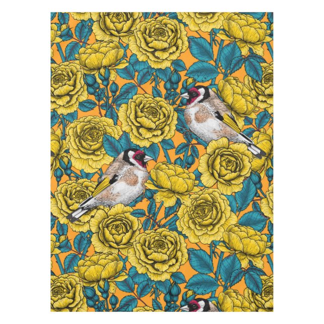 Rose flowers and goldfinch birds tablecloth (Front)
