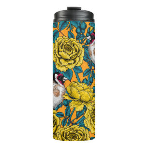Rose flowers and goldfinch birds thermal tumbler