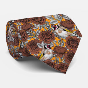 Rose flowers and goldfinch birds tie