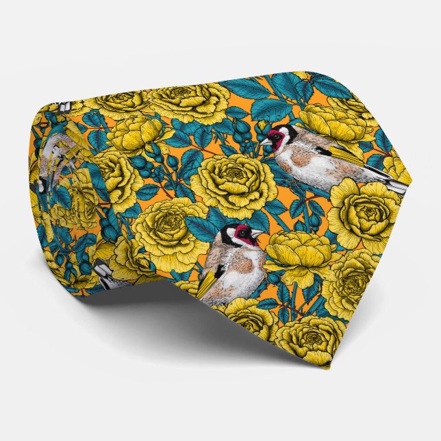 Rose flowers and goldfinch birds tie (Rolled)