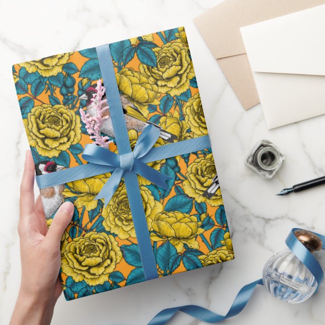 Rose flowers and goldfinch birds wrapping paper (Gifting)