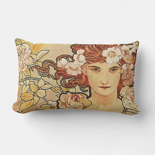 Rose Flowers Art Nouveau Alphonse Mucha Lumbar Cushion (Front)