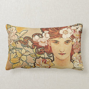 Rose Flowers Art Nouveau Alphonse Mucha Lumbar Cushion
