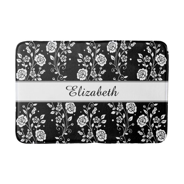 Rose Flowers Floral Pattern Black & White Name Bath Mat (Front)