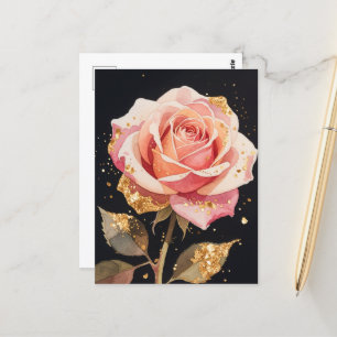 Rose flowers gold glitter Oil Painting  Postcard