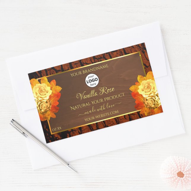 Rose Flowers Product Label Natural Wood Grain Logo (Envelope)