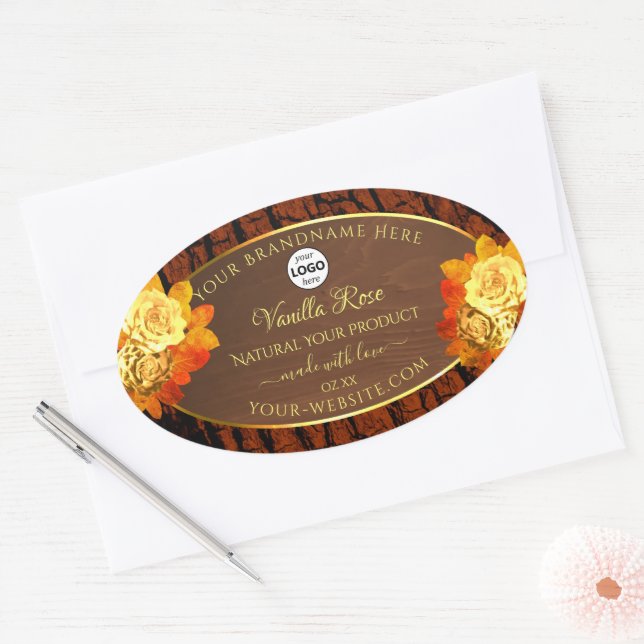 Rose Flowers Product Label Natural Wood Grain Logo (Envelope)