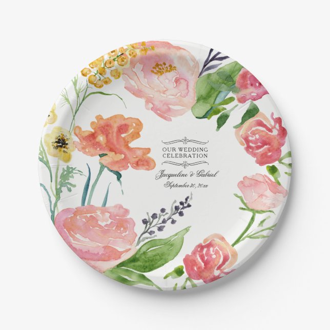 Rose Flowers Watercolor Peach Pink Wreath Wedding Paper Plate (Front)