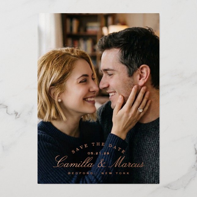 Rose Foil Pressed Save the Date announcement (Front)
