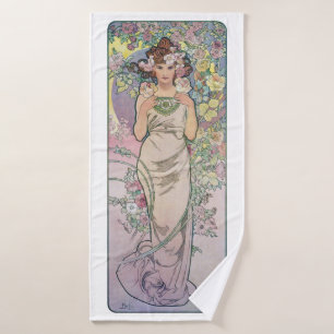 Rose (Four Flowers), Alphonse Mucha Bath Towel