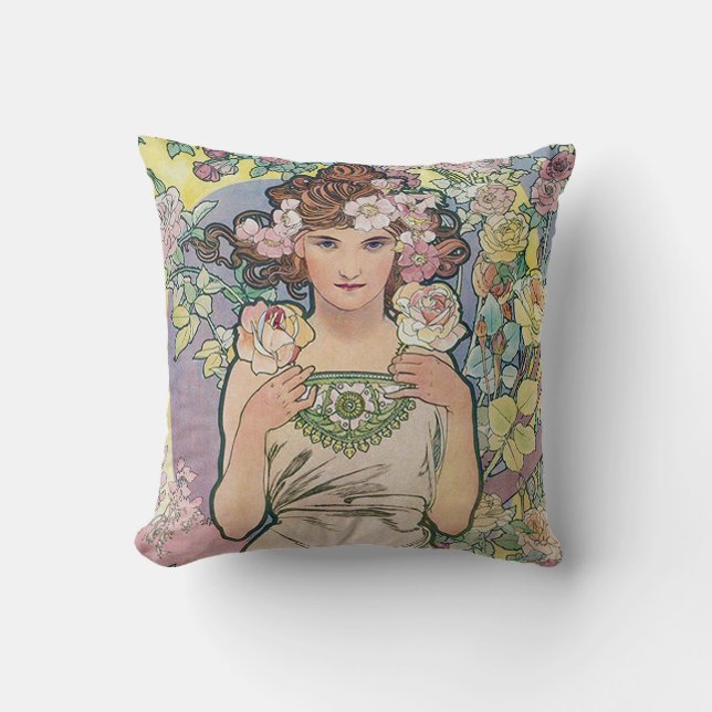Rose (Four Flowers), Alphonse Mucha Cushion (Front)