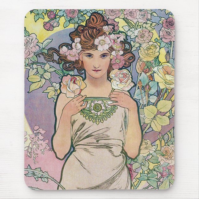 Rose (Four Flowers), Alphonse Mucha Mouse Mat (Front)
