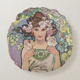 Rose (Four Flowers), Alphonse Mucha Throw Pillow