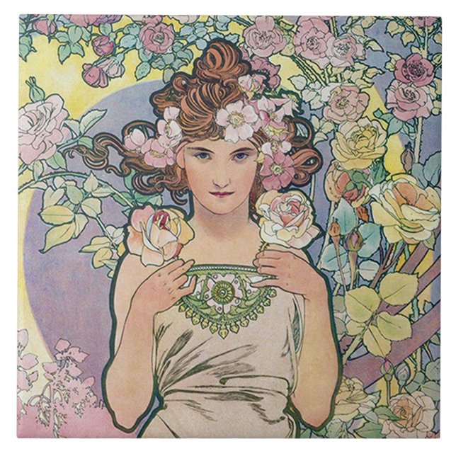 Rose (Four Flowers), Alphonse Mucha Tile (Front)