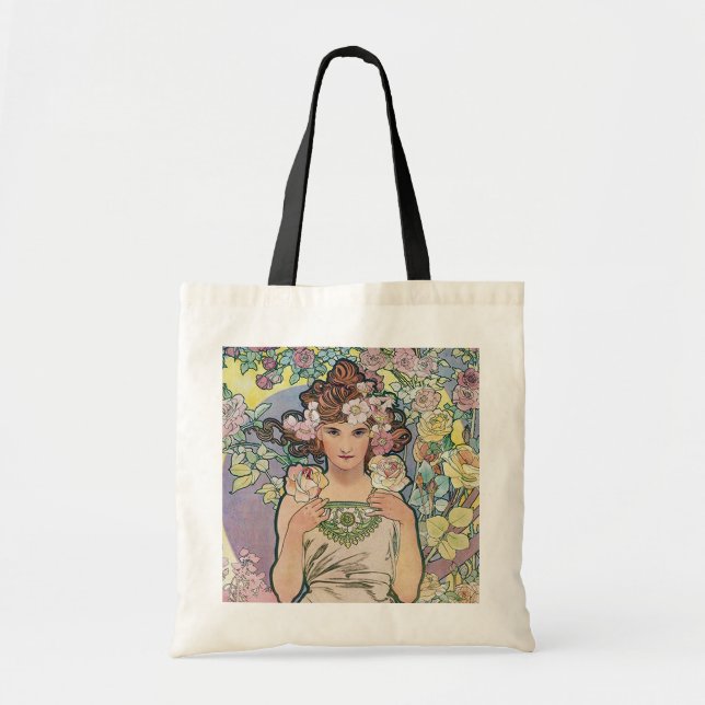 Rose (Four Flowers), Alphonse Mucha Tote Bag (Front)