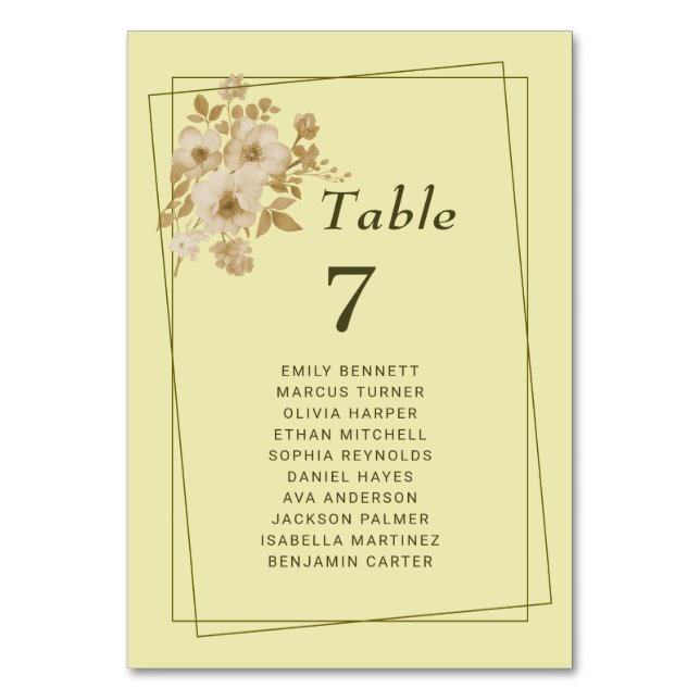 Rose Frame – Celestial Yellow Wedding Table Number (Front)