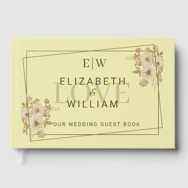 Rose Frame – Monogram Celestial Yellow Wedding Guest Book (Front)