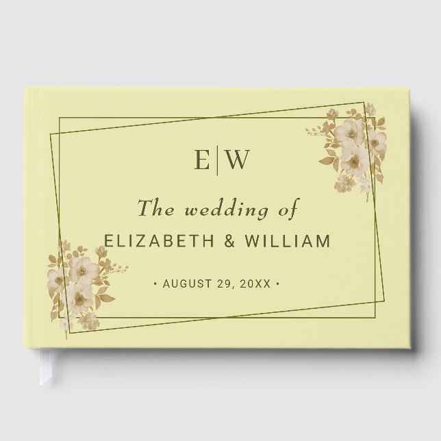Rose Frame – Monogram Celestial Yellow Wedding Guest Book (Front)