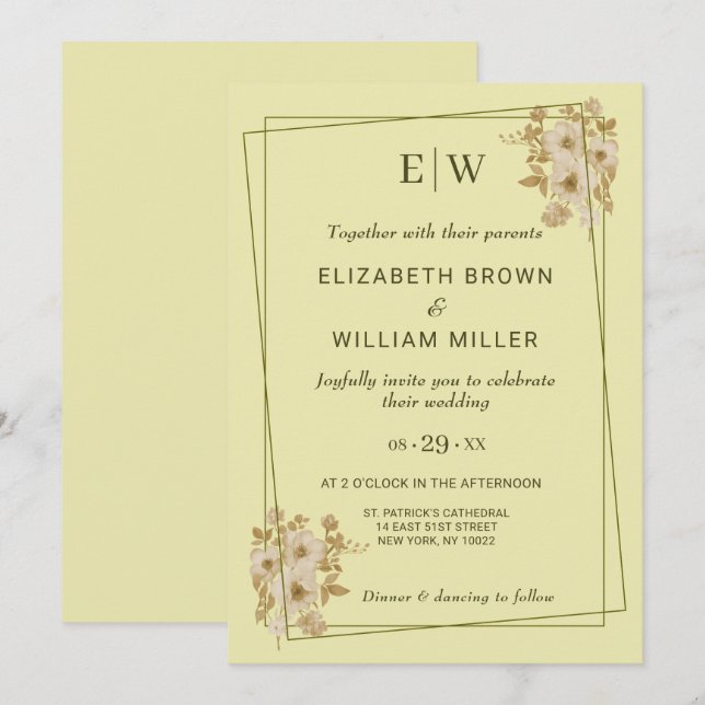Rose Frame – Monogram Celestial Yellow Wedding Invitation (Front/Back)