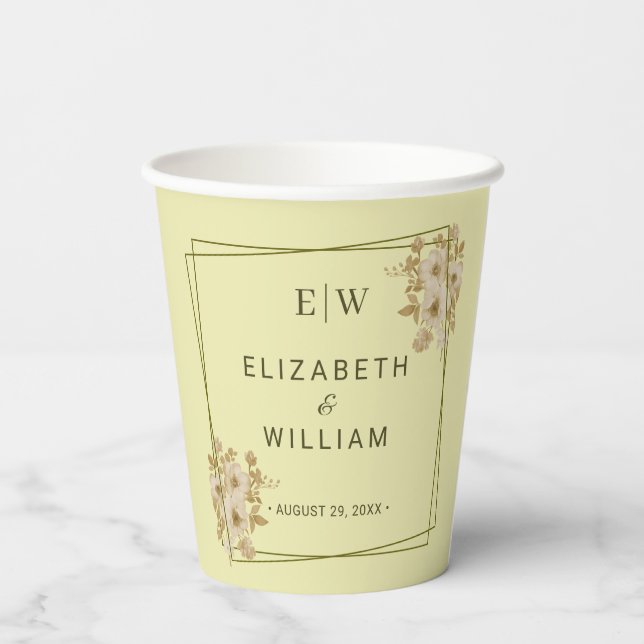 Rose Frame – Monogram Celestial Yellow Wedding Paper Cups (Back)