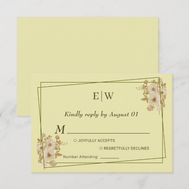 Rose Frame – Monogram Celestial Yellow Wedding RSVP Card (Front/Back)