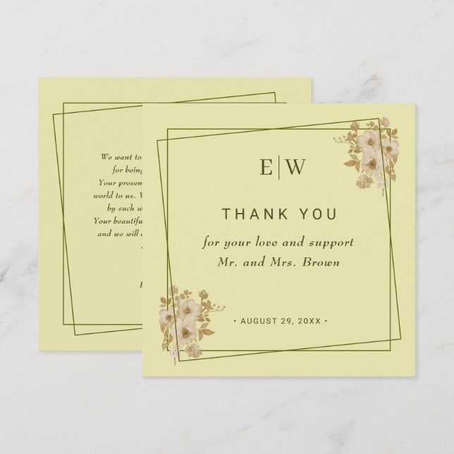 Rose Frame – Monogram Celestial Yellow Wedding Thank You Card (Front/Back)