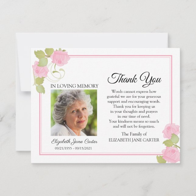 Rose Funeral Thank You Photo Note Card Pink (Front)