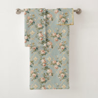 Rose Garden Bath Towel Set Teal Green Blush 