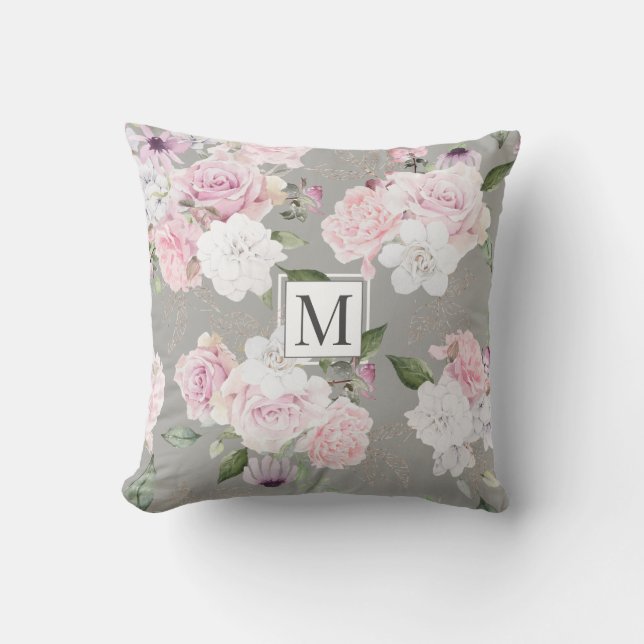 Rose Garden Elegant Floral Monogram Throw Pillow (Front)