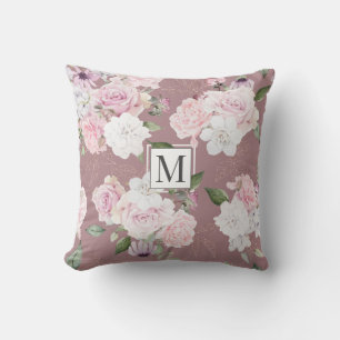 Rose Garden Elegant Floral Monogram Throw Pillow