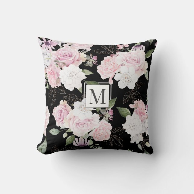 Rose Garden Elegant Floral Monogram Throw Pillow (Front)