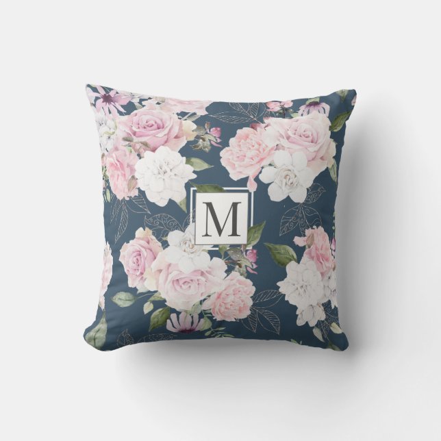 Rose Garden Elegant Floral Monogram Throw Pillow (Front)