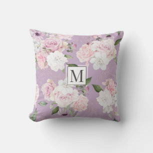 Rose Garden Elegant Floral Monogram Throw Pillow