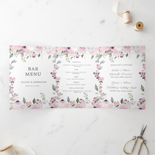 rose garden elegant tri fold bar menu card (Inside)