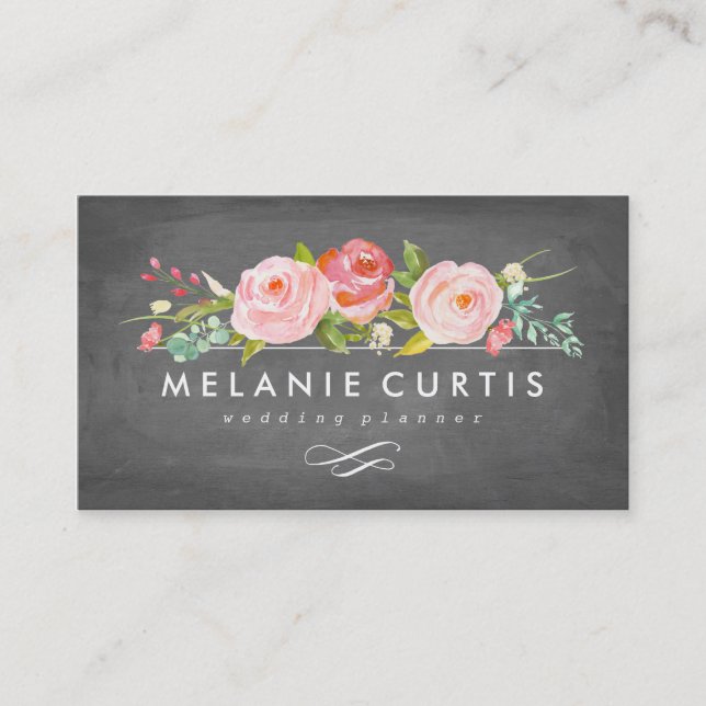 Rose Garden Floral Chalkboard Business Card (Front)