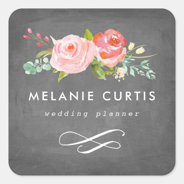 Rose Garden Floral Chalkboard Business Square Sticker (Front)